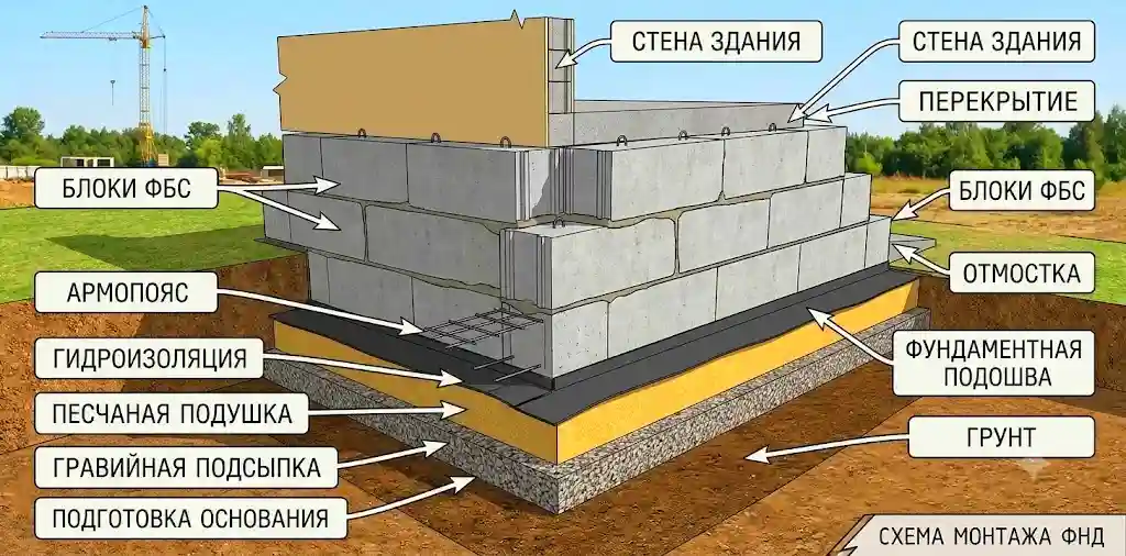Схема устройства фундамента из блоков ФБС с песчаной подушкой и гидроизоляцией — купить блоки ФБС в Дзержинске и Дзержинском районе.