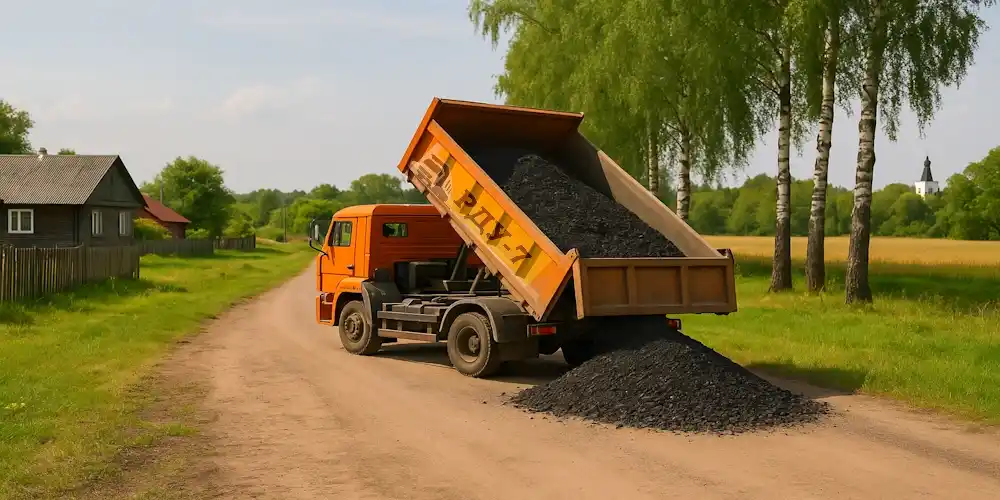 Асфальтная крошка, асфальтогранулят самосвалами в Лошанах. Минский район