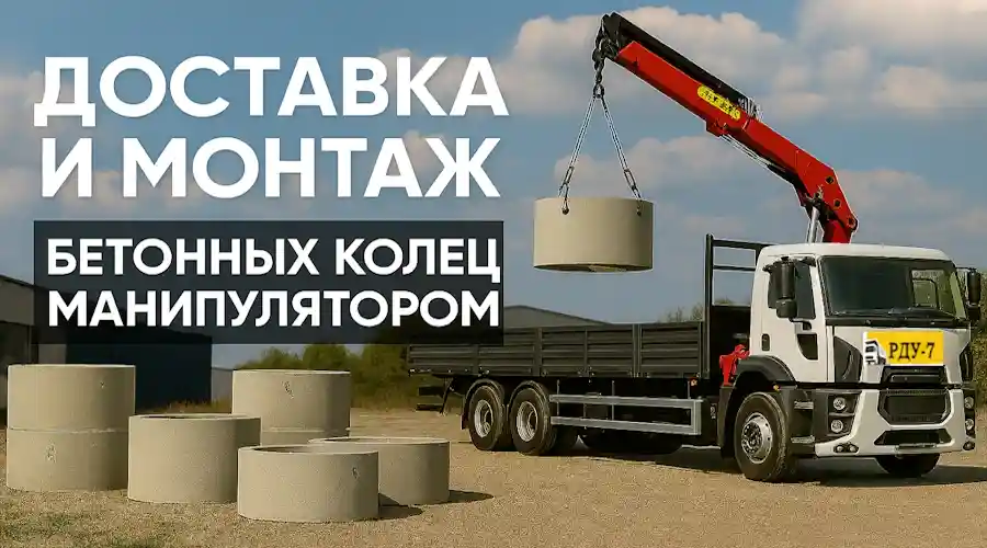 Грузовик с манипулятором выгружает бетонные кольца на строительной площадке - доставка и монтаж.