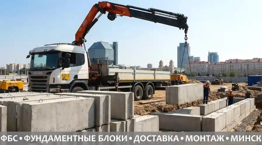 Поставка и монтаж фундаментных блоков ФБС манипулятором Scania РДУ 7 на строящемся объекте в Минске