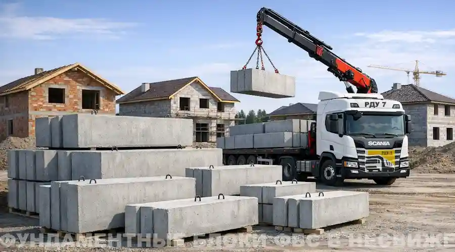 Фундаментные блоки ФБС разных размеров на строительной площадке в Несвиже Минской области, рядом с белым грузовиком Scania с краном-манипулятором, на фоне строящихся коттеджей