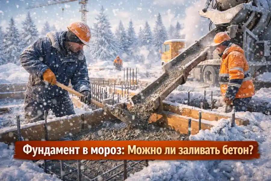 Заливка бетона зимой: рабочие принимают бетон в опалубку при снегопаде, миксер подаёт раствор на фундамент