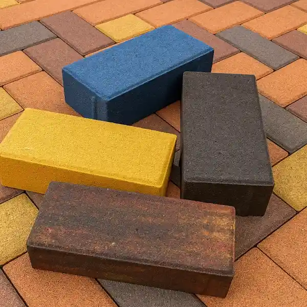 Тротуарная плитка «Кирпичик» 60 мм, формат 2:1 — жёлтая, синяя, чёрная и colormix на фоне выкладки