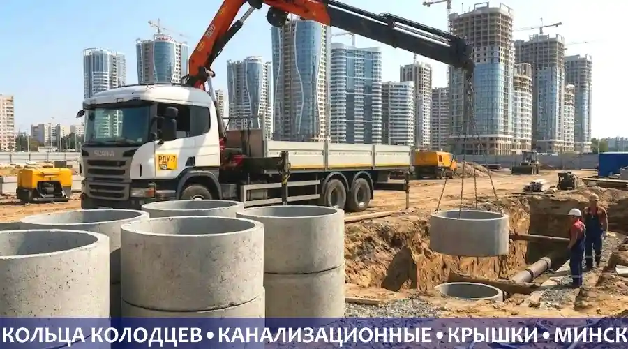 Доставка и установка бетонных колец манипулятором Scania РДУ 7 на стройплощадке микрорайона Минск-Мир