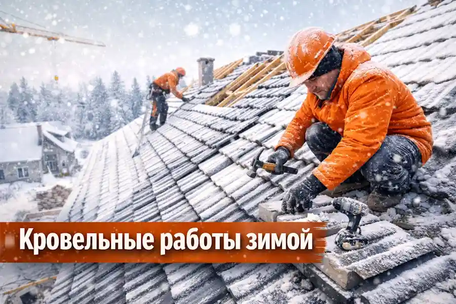 Кровельные работы зимой: монтаж черепицы на скатной крыше в снегопад, рабочие в зимней спецодежде и касках