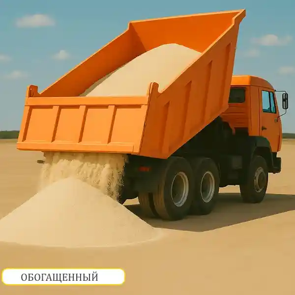 Самосвал КАМАЗ выгружает обогащённый песок — доставка от 10 тонн по Минску и Минской области