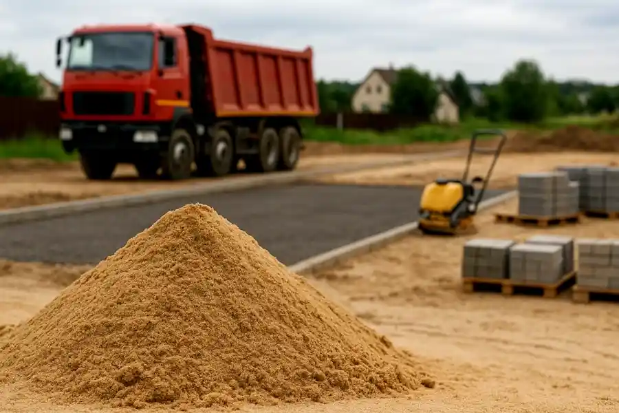Песок 2 класса на стройплощадке: влажная насыпь, самосвал и основание под мощение — доставка РДУ-7, Минск и область
