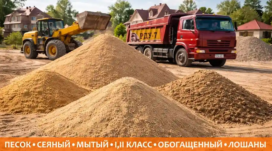 Самосвал доставка песка, карьерный, мытый, сеяный, с карьеров. Агрогородок Лошаны, Минская область Минский район