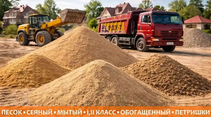 Самосвал доставка песка, карьерный, мытый, сеяный, с карьеров. Агрогородок Петришки, Минская область Минский район