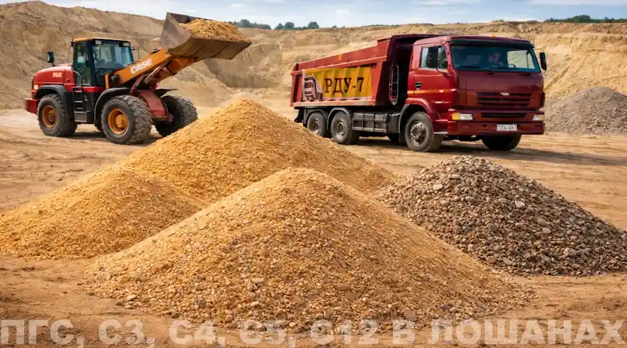 ПГС и песчано-щебёночные смеси С3, С4, С5, С12 в аг. Лошаны Минского района — доставка самосвалами 20–35 тонн