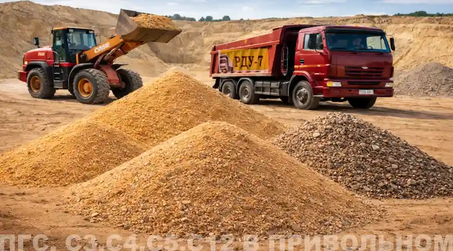 ПГС и песчано-щебёночные смеси С3, С4, С5, С12 в пос. Привольный Минского района — доставка самосвалами 10–35 тонн