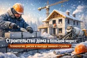 Строительство дома зимой в сильный мороз: рабочий кладёт блоки, на фоне недостроенный дом, кран и бетономешалка, снегопад