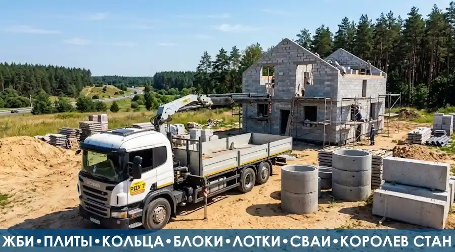 Доставка ЖБИ колец и блоков ФБС манипулятором Scania РДУ 7 на строящийся коттедж в деревне Королев Стан