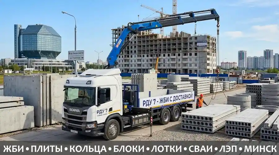 Грузовой автомобиль SCANIA с манипулятором РДУ 7 на строящемся объекте в Минске: выгрузка железобетонных плит перекрытия и ЖБИ колец