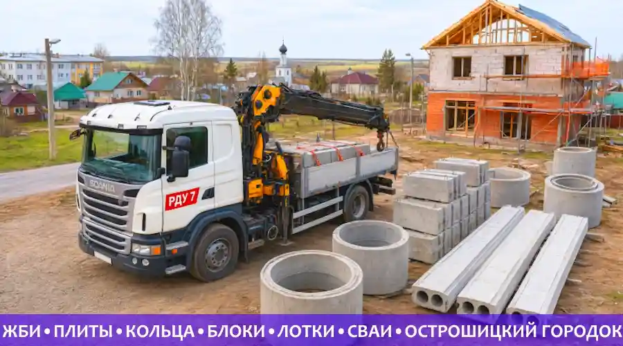 Манипулятор SCANIA с логотипом РДУ 7 доставляет ЖБИ в Острошицком Городке: блоки ФБС, колодезные кольца и плиты пустотные у строящегося двухэтажного дома